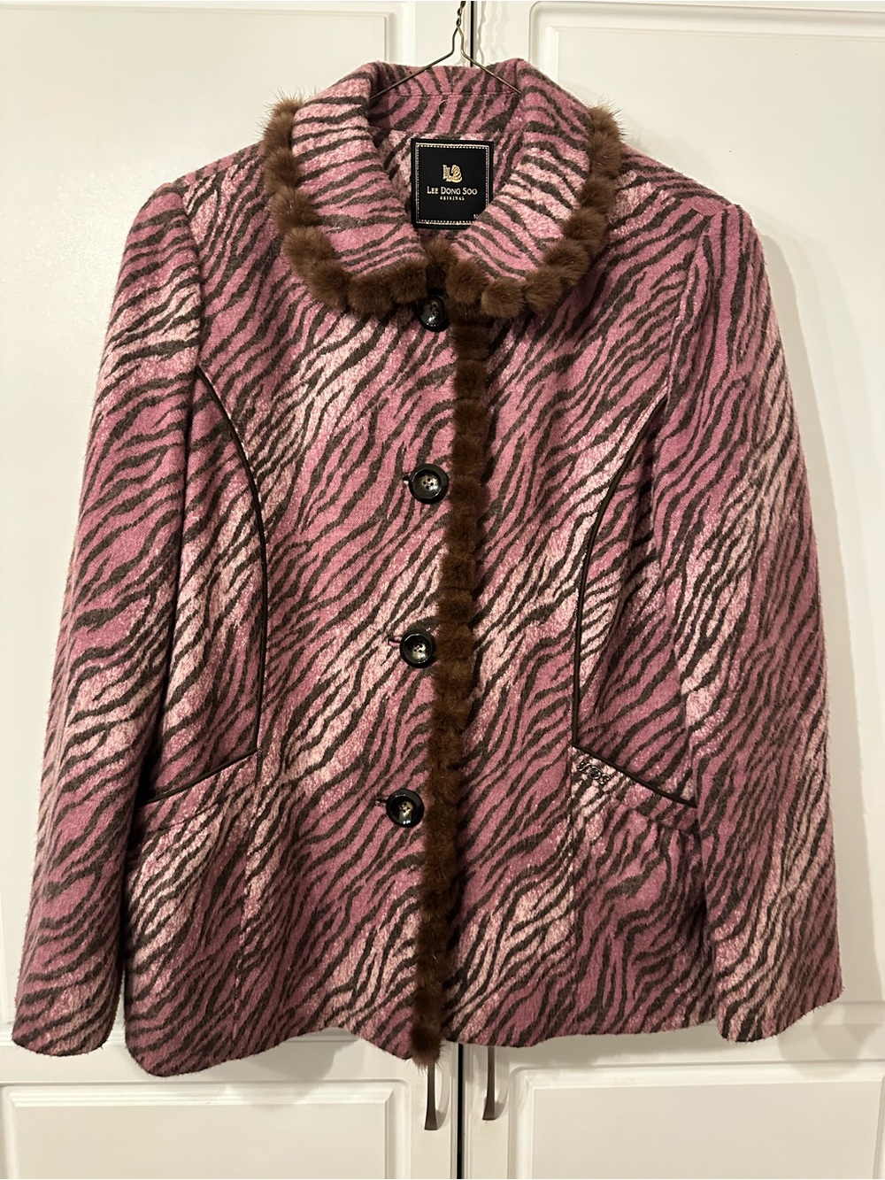 Korean brand purple animal print with mink fur trim